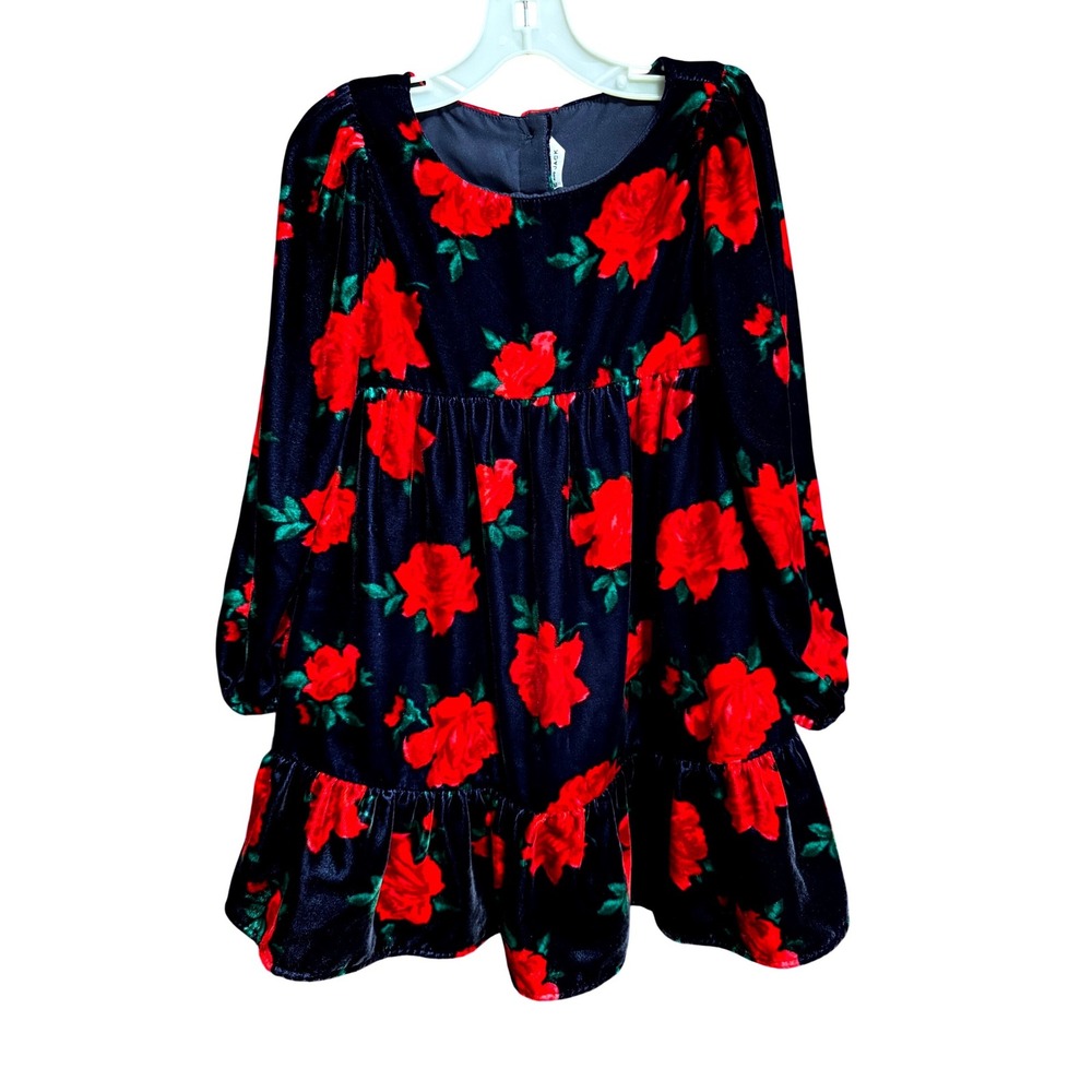 Janie and Jack Girls Navy Blue Velvet Red Rose Floral Tiered Dress Size 5